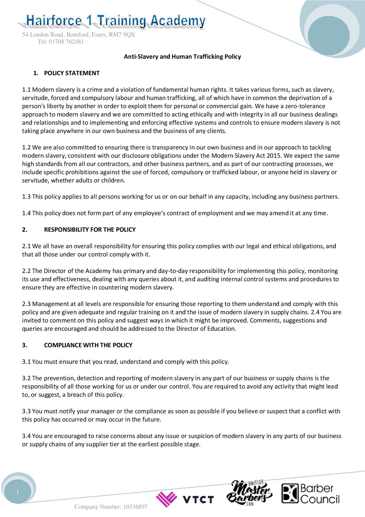 Anti Slavery And Human Trafficking Policy