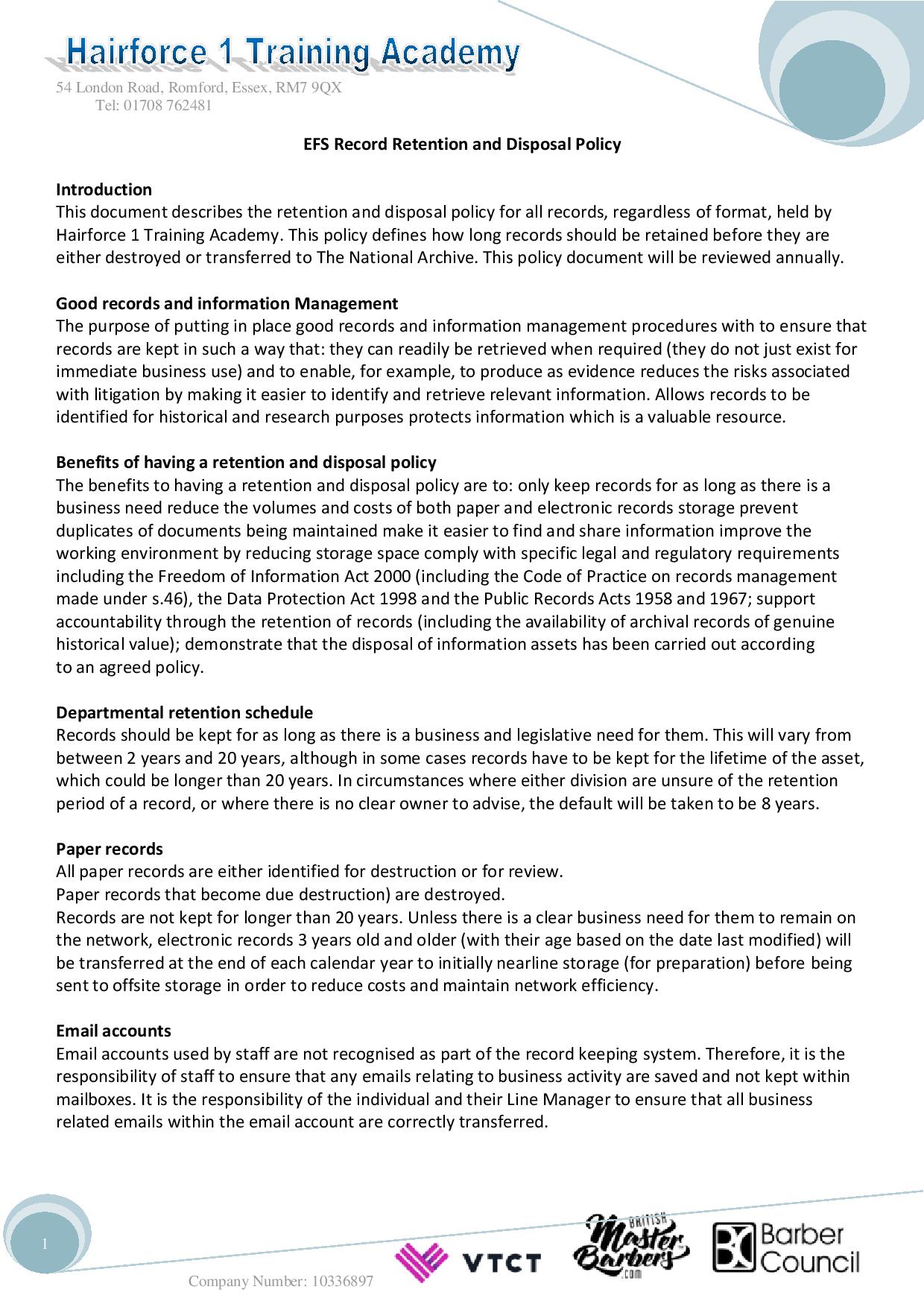 EFS Record Retention And Disposal Policy