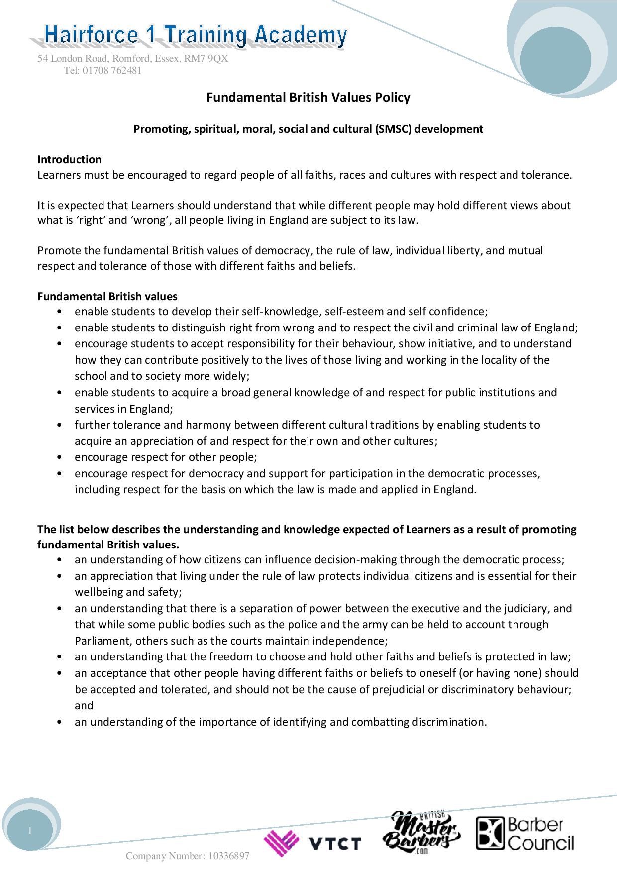 Fundamental British Values Policy