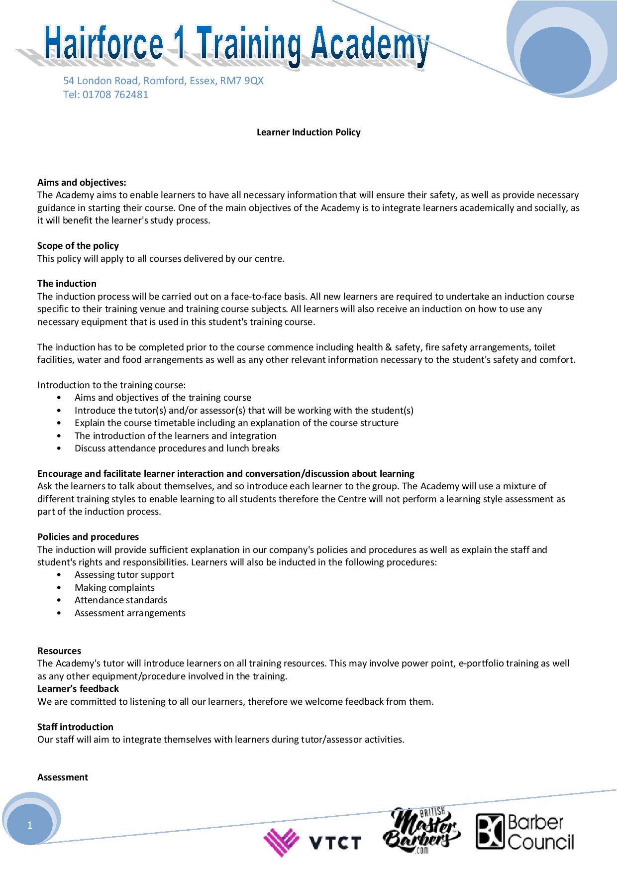 Learner Induction Policy